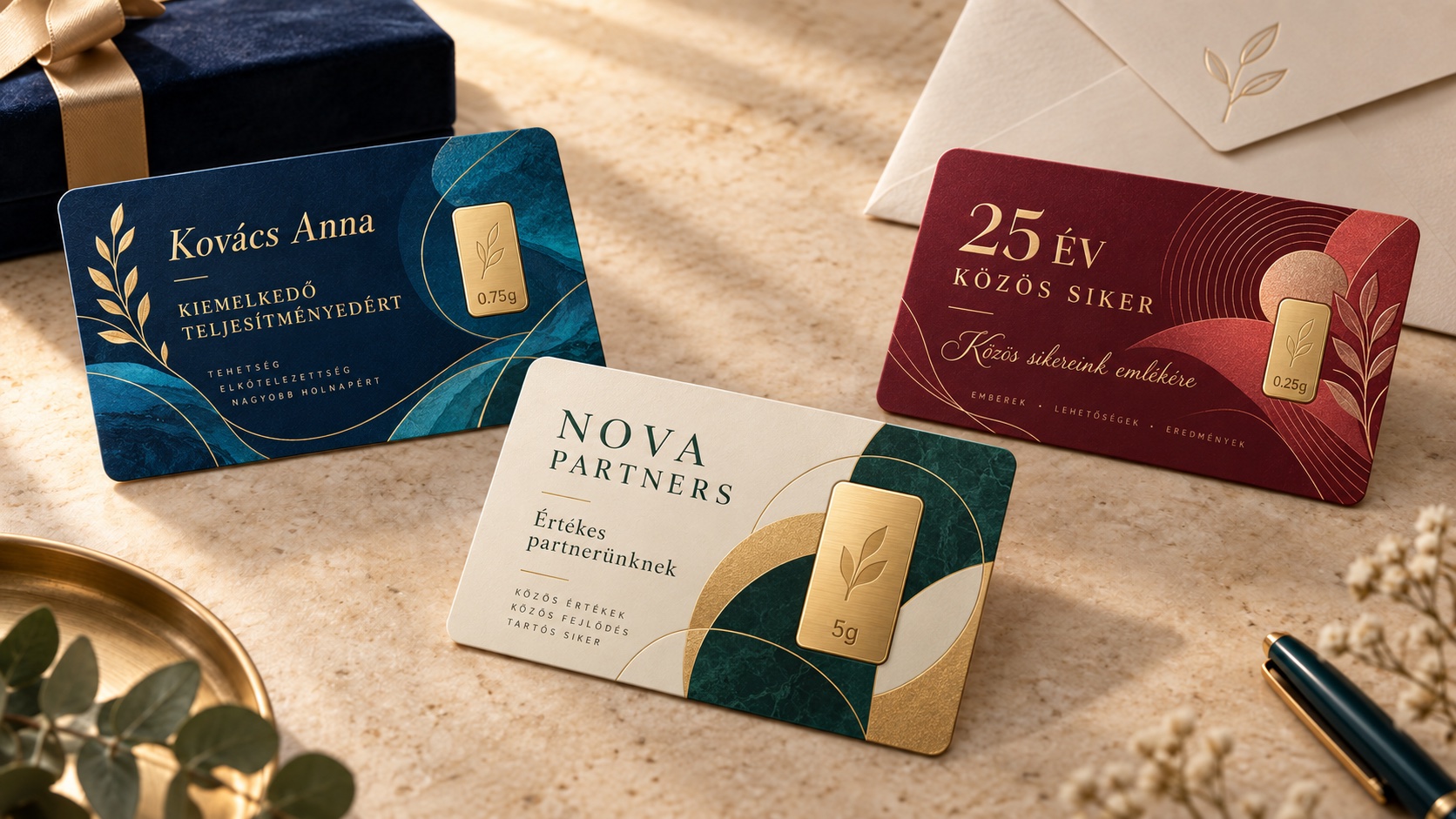 Három fekvő, fiktív márkával készült céges My Gold Card minta különböző aranylapkákkal