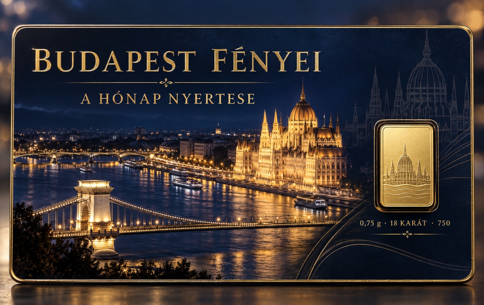 Budapest fényei fekvő kártya 0,75 grammos aranylapkával