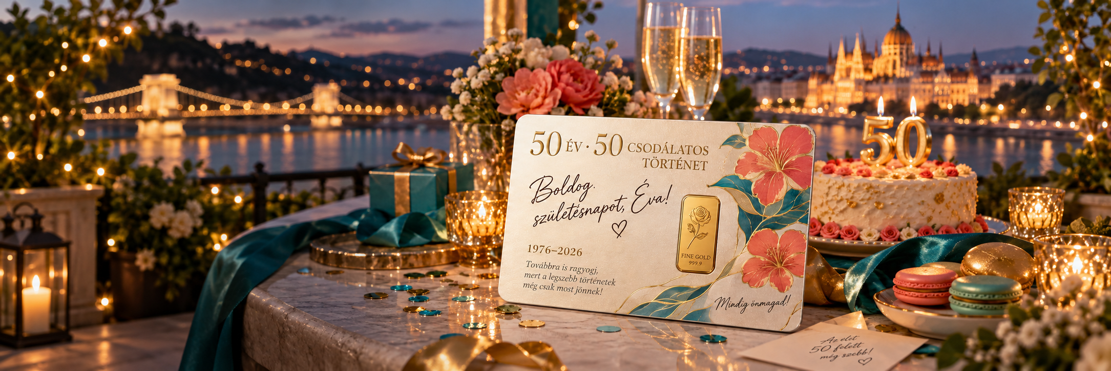 Ötvenedik születésnapra készített, személyes üzenettel és álló aranylapkával ellátott My Gold Card