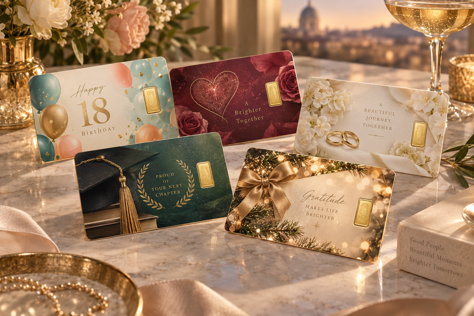 Születésnapi, szerelmes, esküvői, diploma- és ünnepi My Gold Card kártyák meleg, elegáns csendéletben